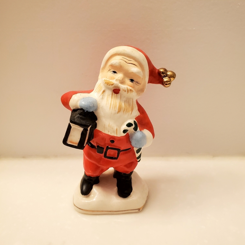 Vintage Japan Santa Claus Figurine with Lantern, 4.5 Inches, Ceramic